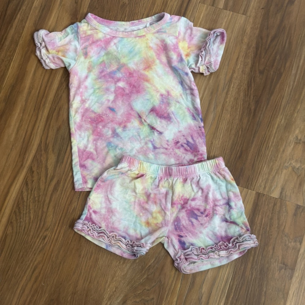 Posh Peanut Baby Girls 6/12 Months Tie Dye Ruffle Pajamas Shorts Top 2pc